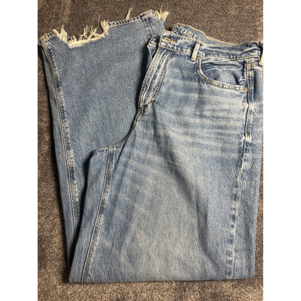 American Eagle Wide Leg Jeans Womens 14 Long Light Wash Frayed Hem Blue Denim